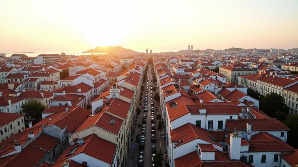 Panorâmica de Lisboa com bairro residencial tradicional e edifícios históricos ao pôr do sol