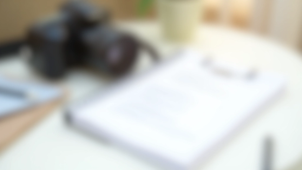 Caderno de anotações com checklist de verificação do imóvel, lápis e câmara digital numa mesa de trabalho clara