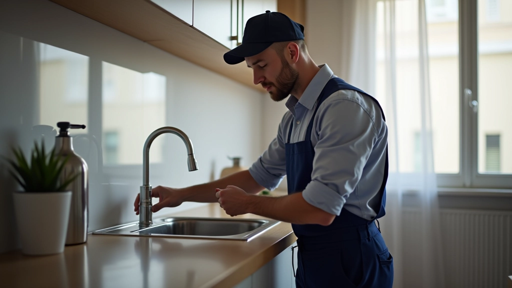 Trabalhador fazendo reparação de encanamento em apartamento, verificando tubagens de água