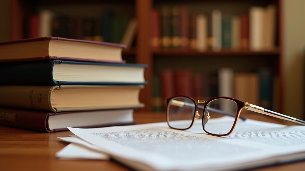 Livros de lei portuguesa e documentos legais empilhados numa mesa de madeira com óculos de leitura