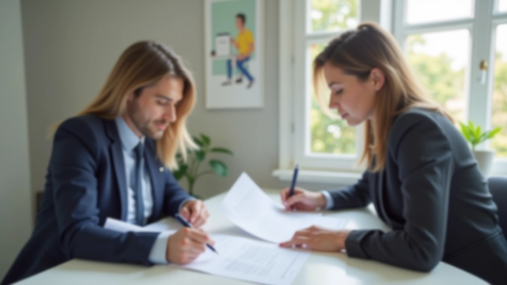 Consultor imobiliário revisando documentos de arrendamento com inquilino em mesa de escritório moderna