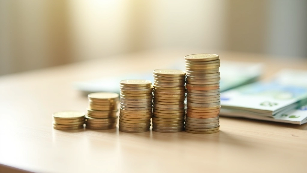 Moedas e notas de euros organizadas em pilhas crescentes numa mesa clara
