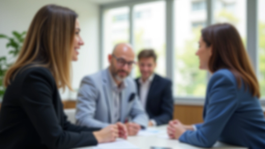 Equipa de consultores imobiliários em reunião discutindo regulamentações de arrendamento em escritório moderno com vista para a cidade